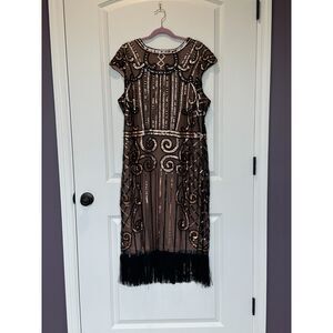NWT Vijiv Sequin Beaded Vintage Inspired 1920s Dress Brown Black Fringe Size XXL